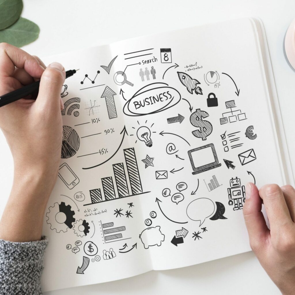 Dve ruky kreslia do zošita naplneného rôznymi náčrtmi s biznis tematikou – grafmi, tabuľkami, znakmi dolára, ikonami ozubených kolies, lupami, žiarovkami a komunikačnými symbolmi – a zvýrazňujú novú PR agentúru, keď spoločne odhaľujú podstatu „BUSINESS“.
